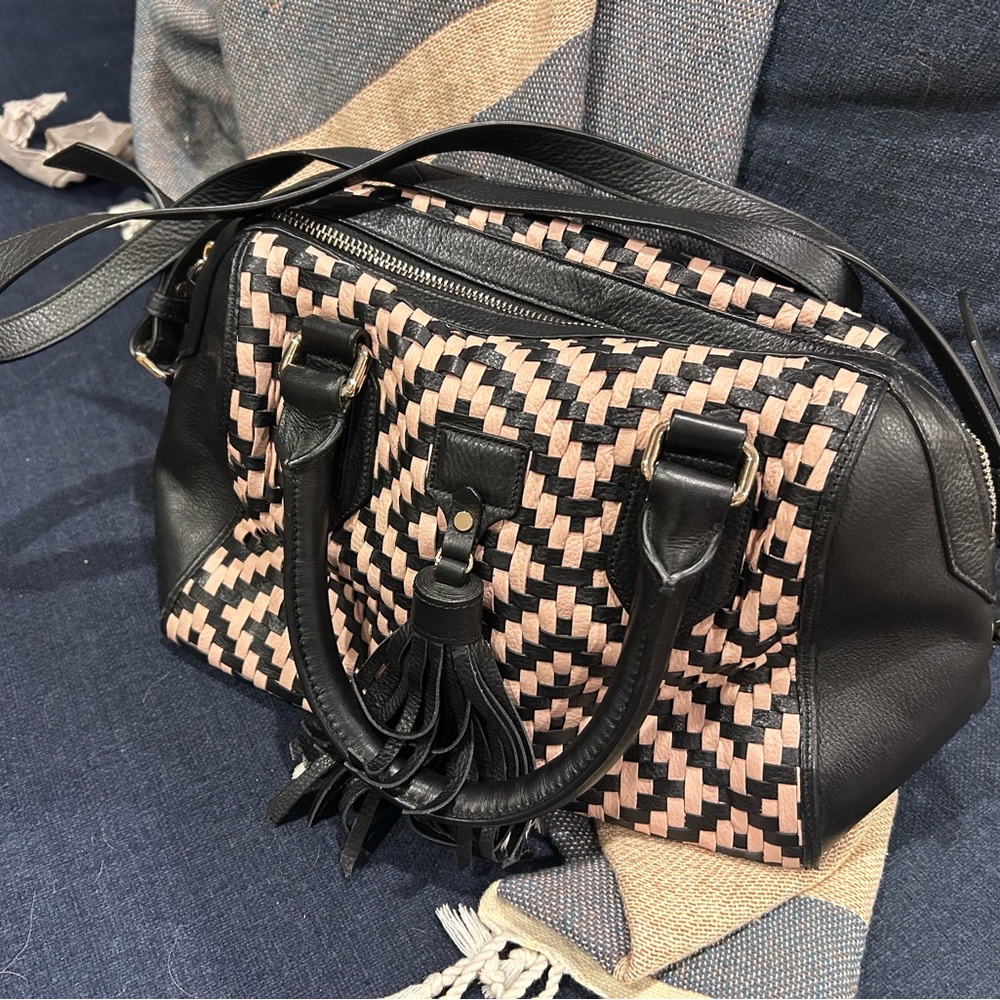 Cole Haan Woven Leather Satchel Black  Tan Tassel Crossbody Top Handle Bag